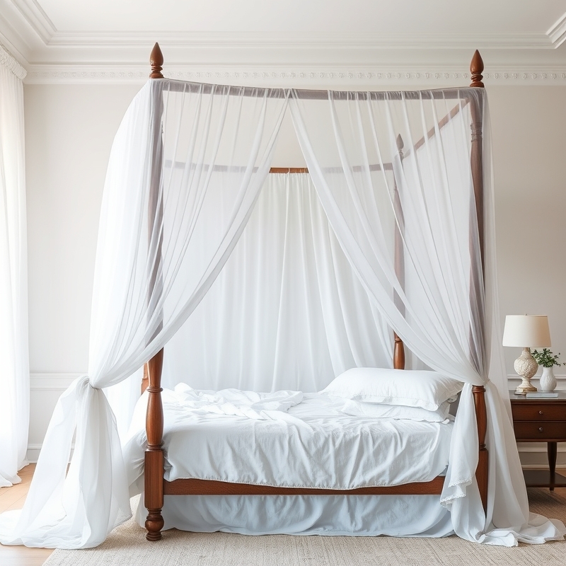 A bed with a light fabric canopy frame