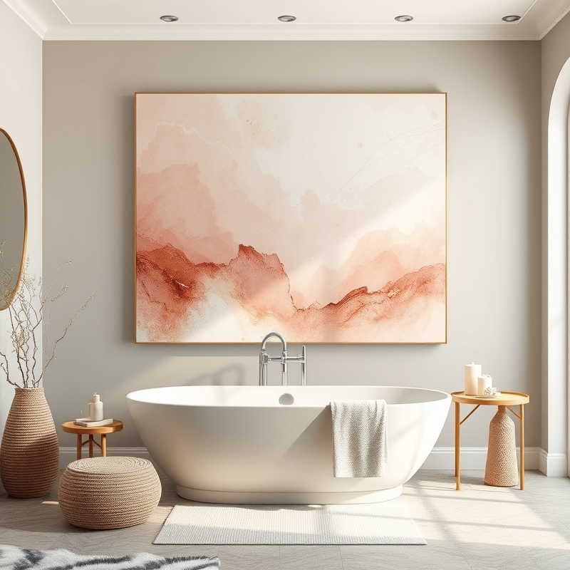 bathroom with large abstract painting above freestanding tub