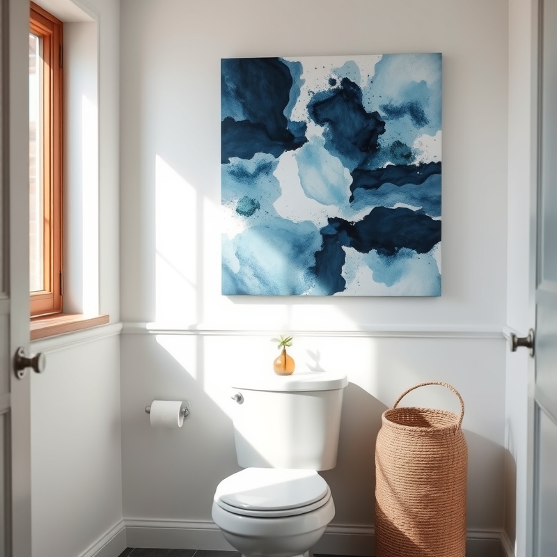 Large abstract blue artwork above a bathroom toilet
