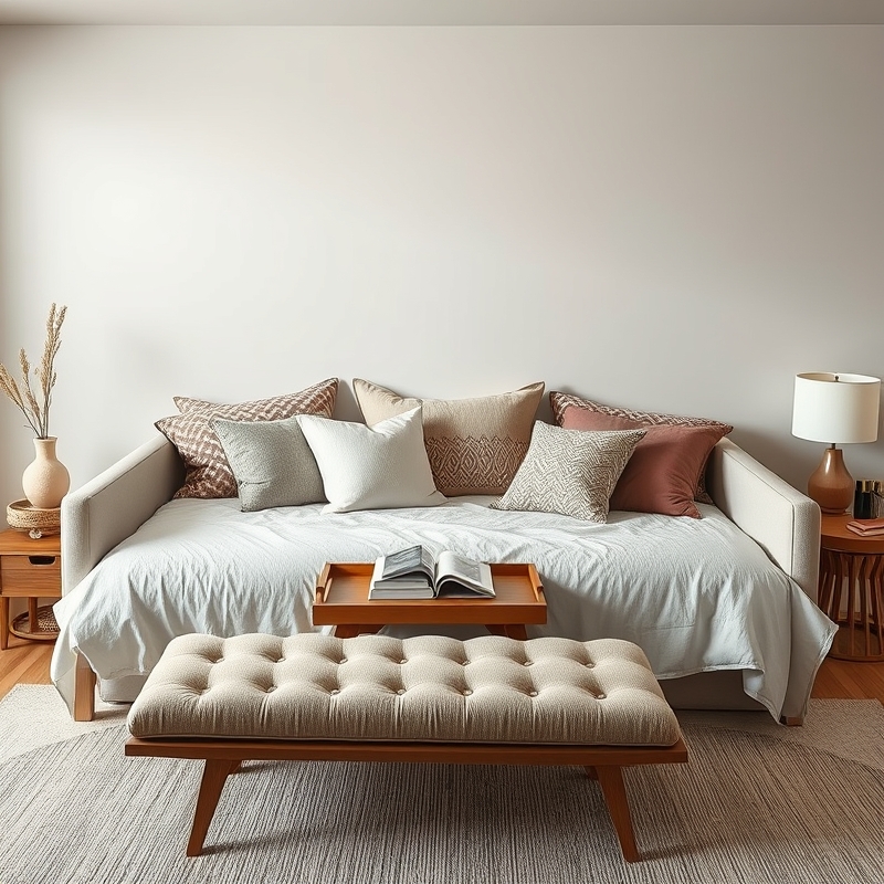 A bed positioned like a daybed with pillows against the wall