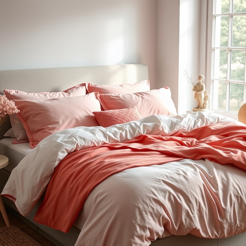Blush and coral layered bedding on a bed