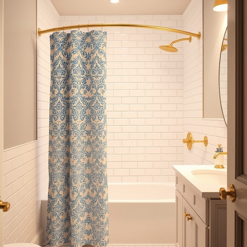 Blue patterned shower curtain in a white bathroom with gold accents