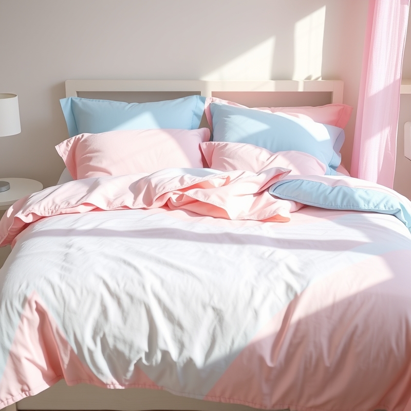 bed with pastel pink and blue color blocked bedding