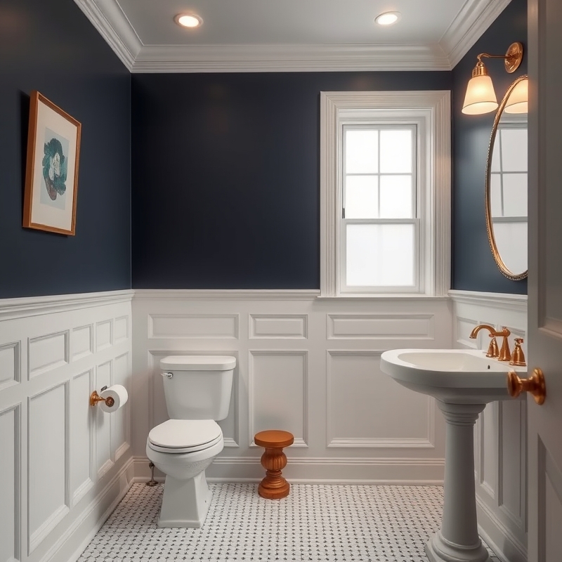 bathroom with wainscoting painted dark navy