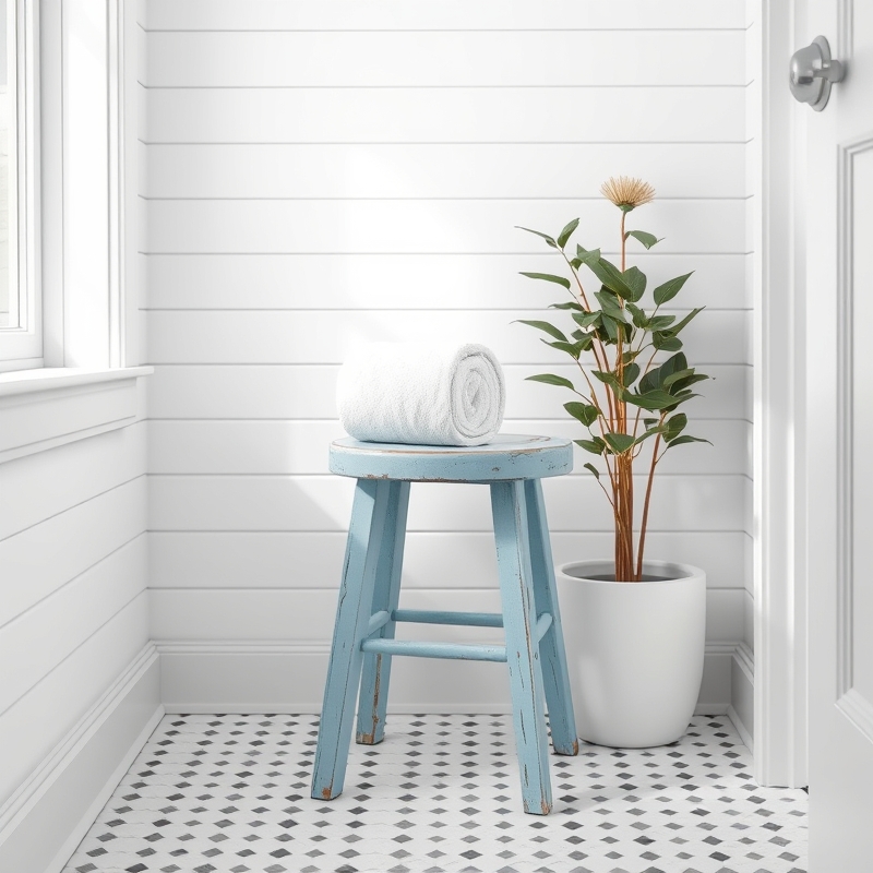 Vintage blue wooden stool next to a bathtub holding towels