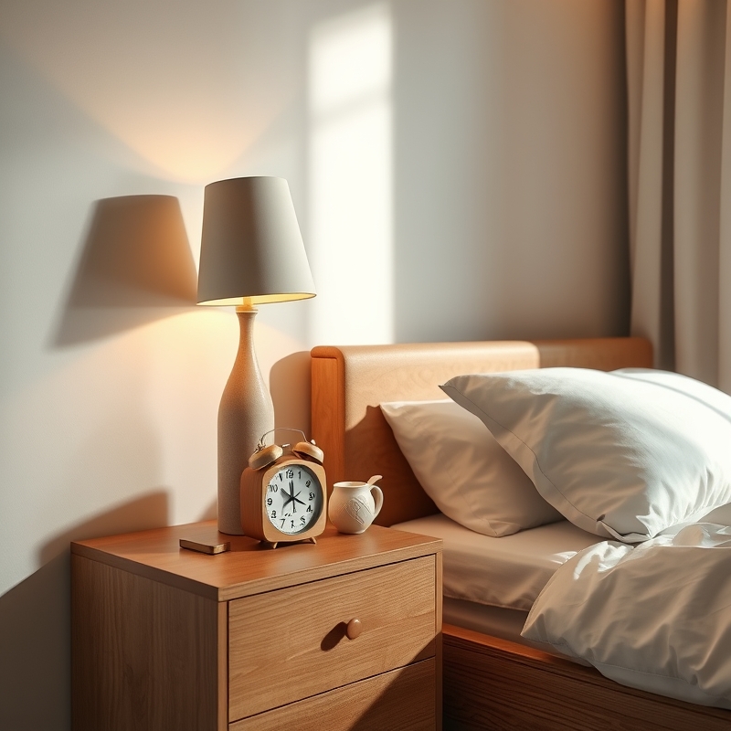 wooden alarm clock on a nightstand with a lamp