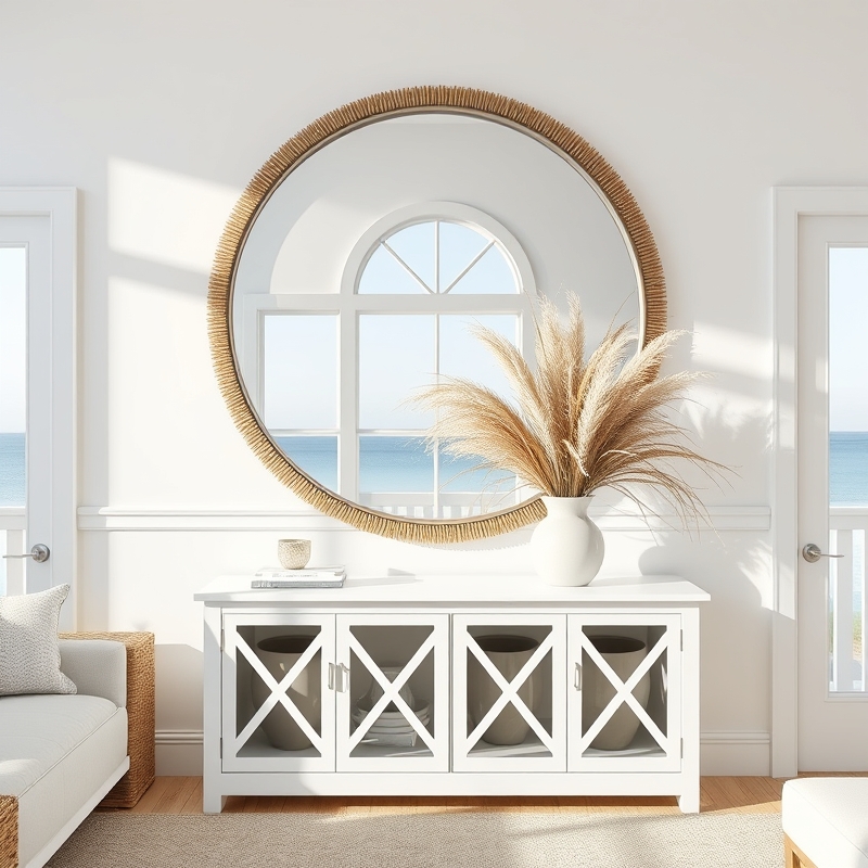 large seagrass mirror in coastal living room