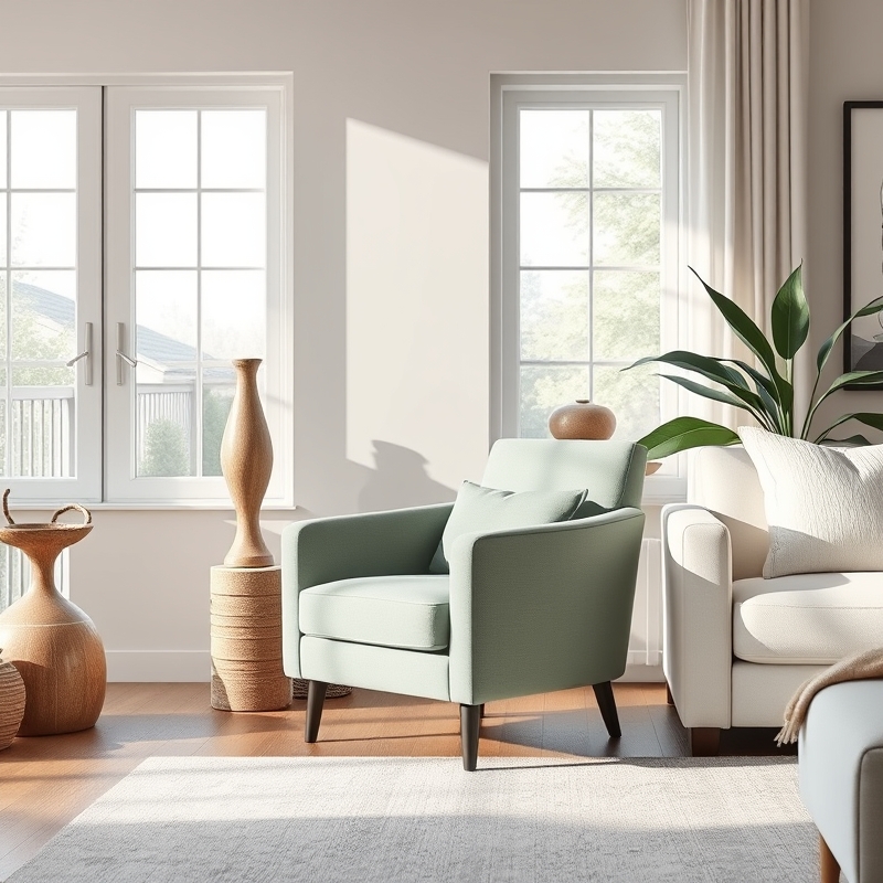 single sage green accent chair next to white sofa in modern living room