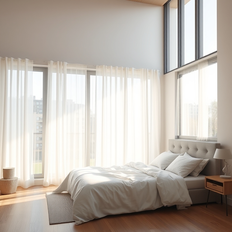 bedroom with white sheer curtains by window