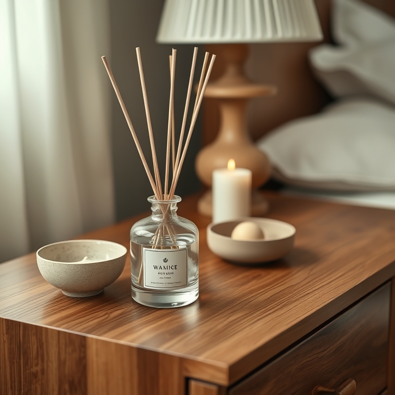 A glass reed diffuser on a wooden dresser with a simple scent