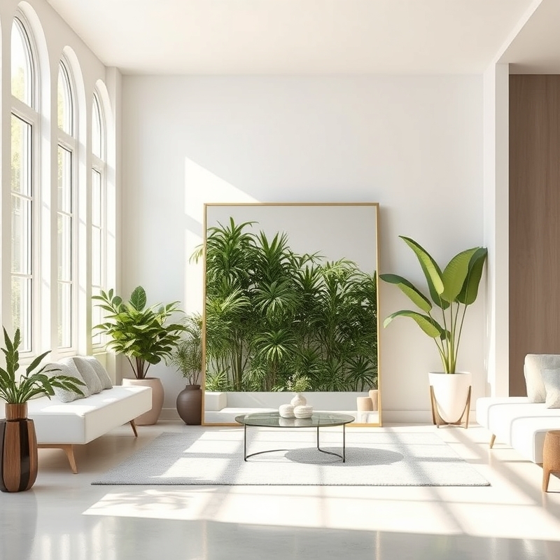 large frameless rectangular mirror leaning against wall in living room