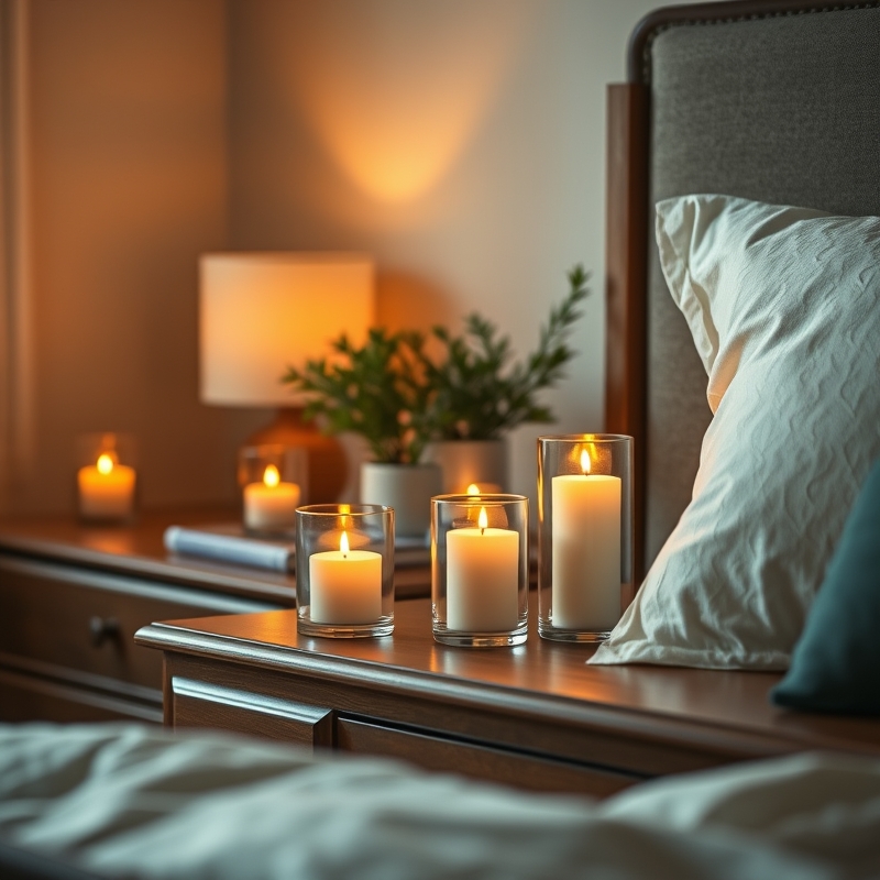 bedroom with scented candles on nightstand in citrus and ocean scents