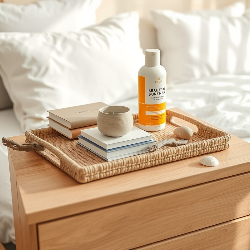 A wooden tray on a dresser with sunscreen, a candle, and a seashell