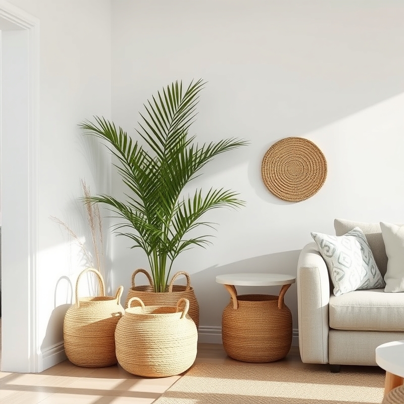 woven baskets in coastal living room