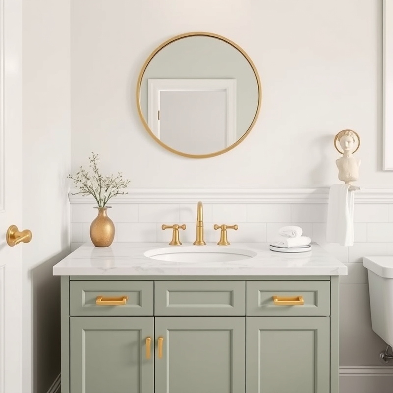 sage green vanity with brass handles in a bathroom