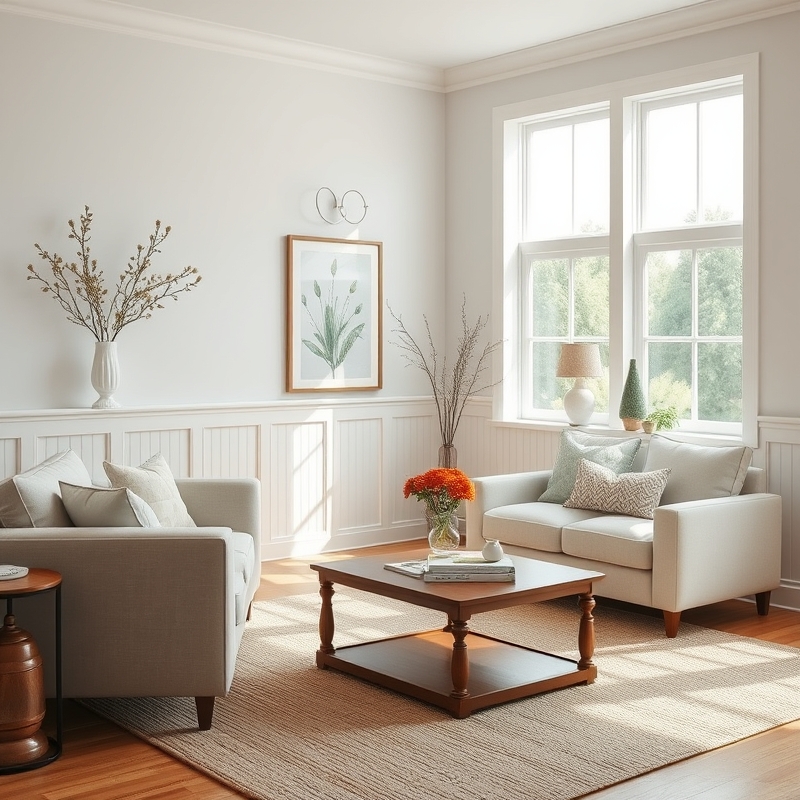 White beadboard wainscoting in a living room