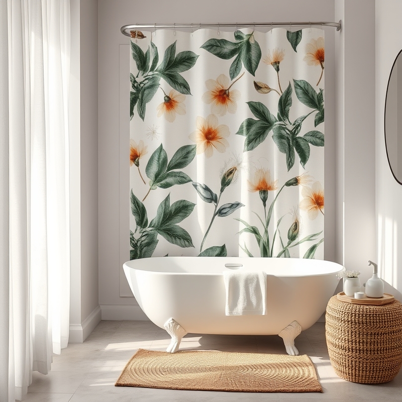 bathroom with bold botanical patterned shower curtain and neutral walls