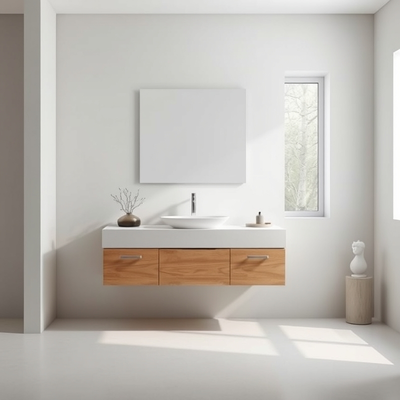 floating vanity in a bright bathroom with storage below