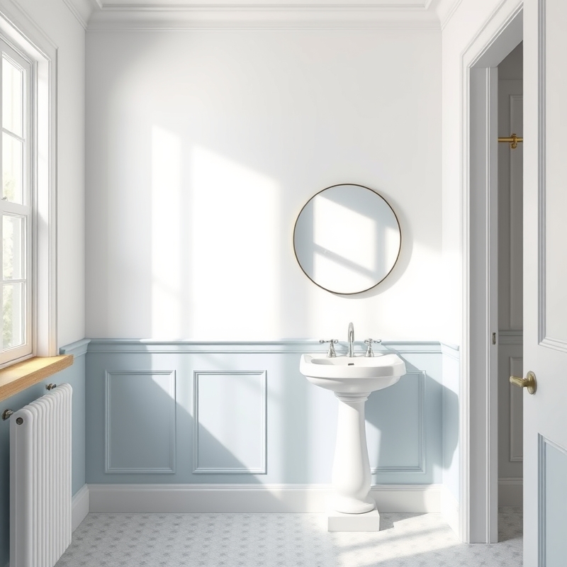 Bathroom with white upper walls and blue lower walls, chair rail