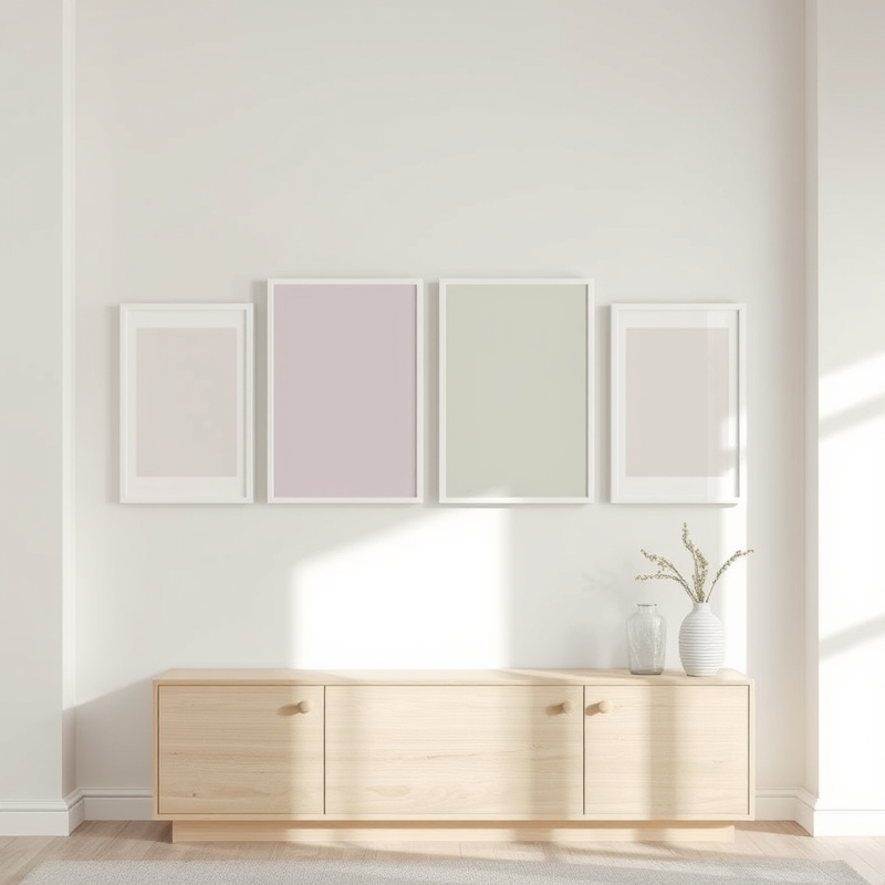 Muted pastel art prints on living room wall