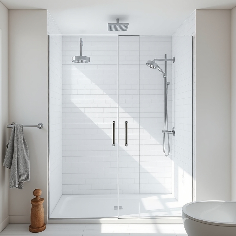 frameless glass shower door in a bright bathroom
