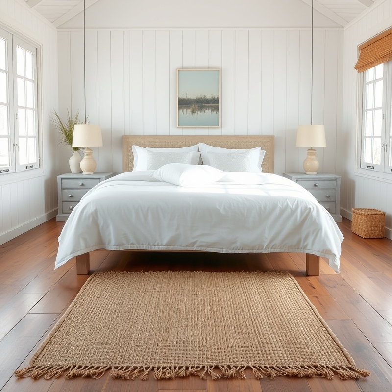 jute rug runner at the foot of a bed