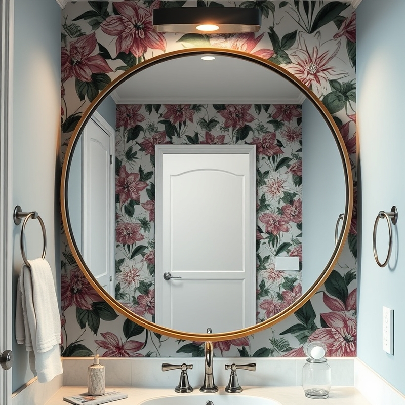 bathroom mirror with floral wallpaper behind it