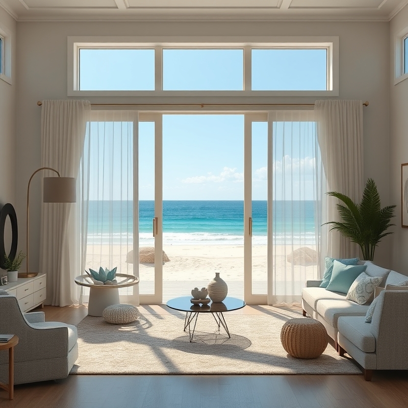 Bloxburg living room with sliding glass doors to beach