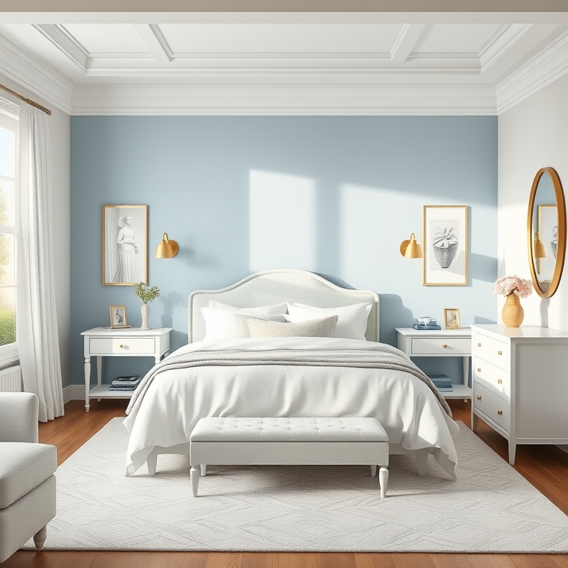 powder blue accent wall behind bed