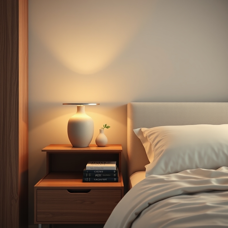 wooden nightstand with a lamp, book, and small vase