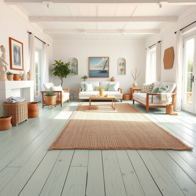 Wide-plank wooden floorboards painted a soft mint green