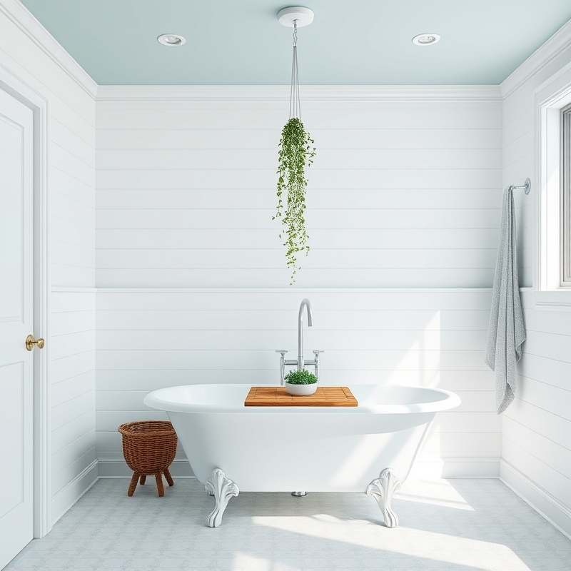 Bathroom with soft sky blue ceiling and white walls