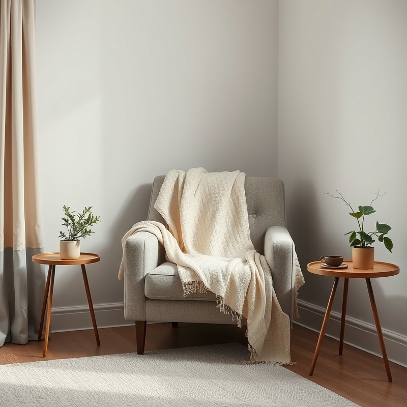 A simple linen blanket casually draped over the arm of an accent chair
