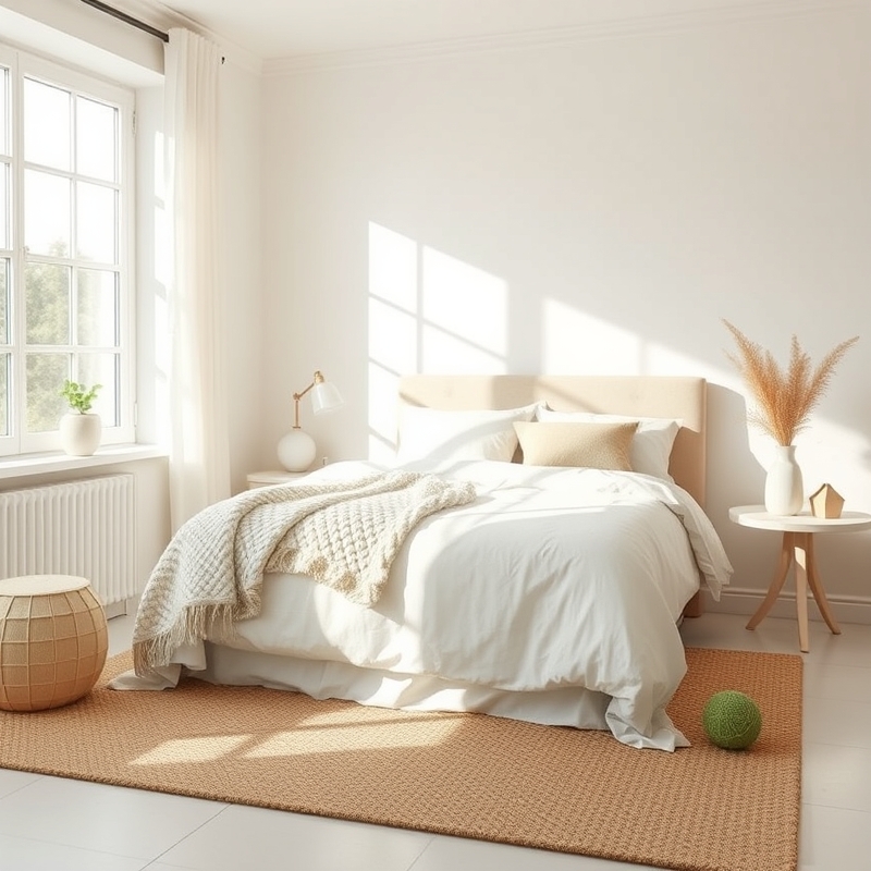 creamy white bedroom with layered textures