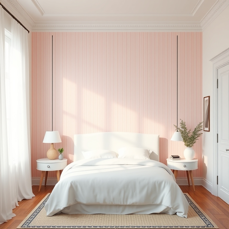 blush pink striped accent wall bedroom