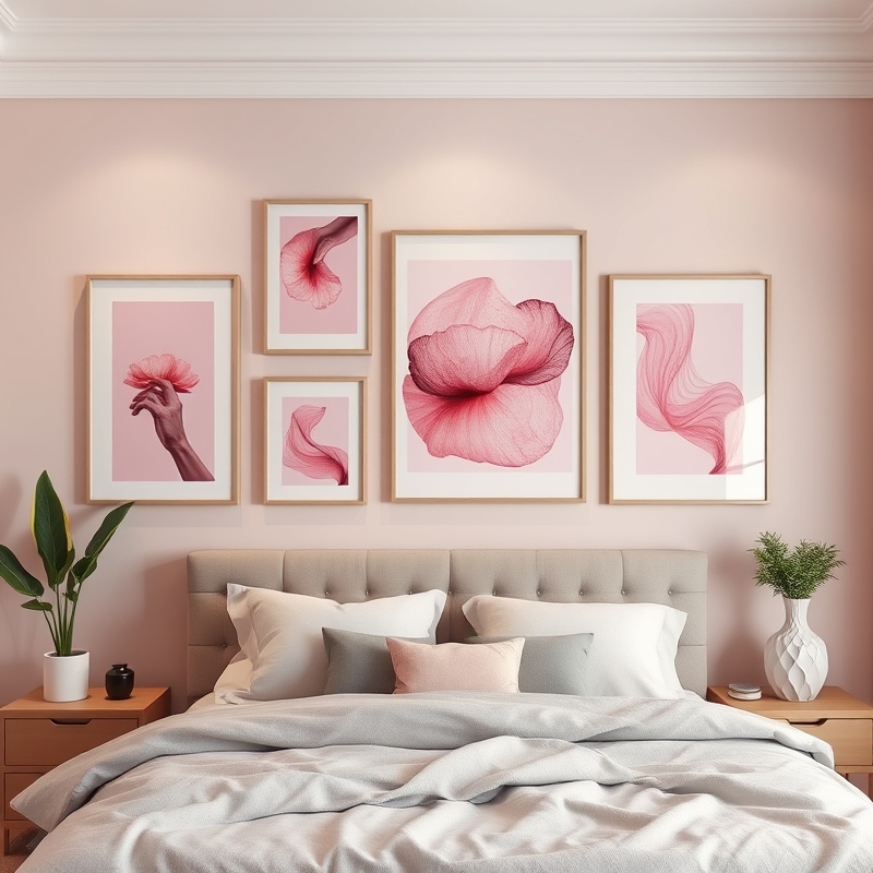 Gallery wall with pink abstract art in a bedroom