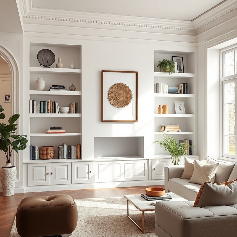 Built-in white shelving in a living room