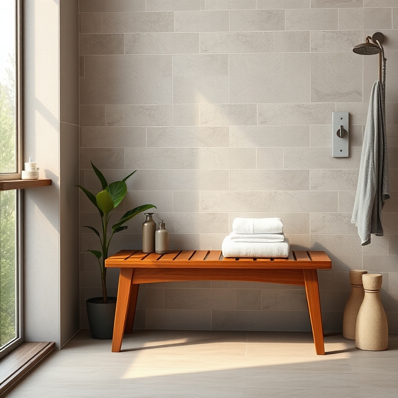 small wooden bench in a bathroom with towels