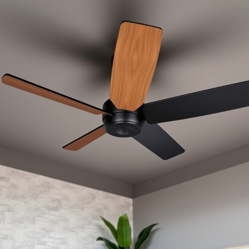 A modern wooden blade ceiling fan in a bedroom
