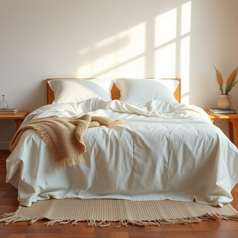bed with a lightweight cream quilt and two pillows