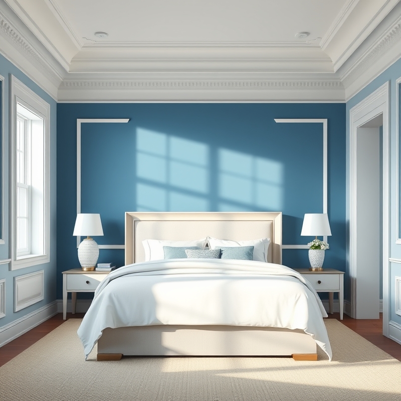 bedroom with coastal blue accent wall and white trim