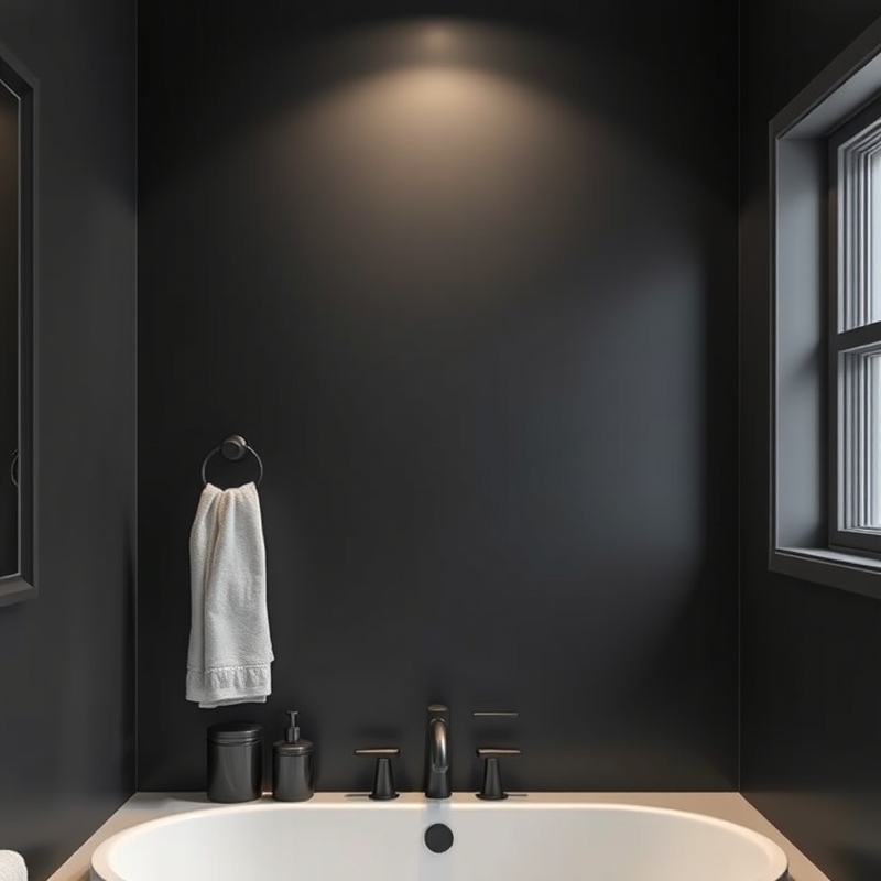 charcoal bathroom walls with matte black faucet and handles