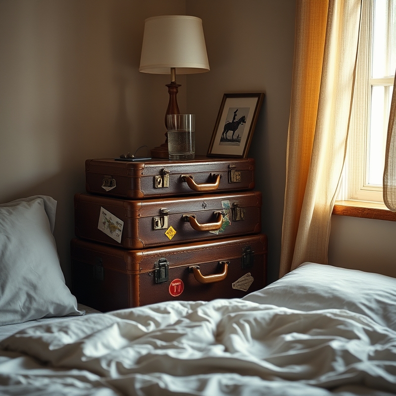A stacked vintage leather suitcase used as a unique bedside table