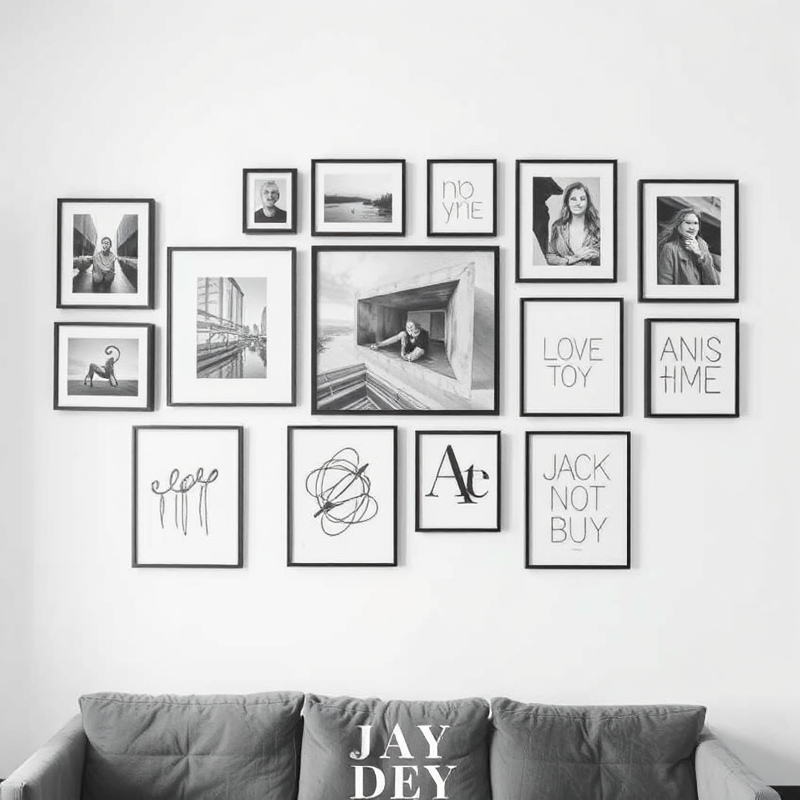 gallery wall of black and white photos and abstract art