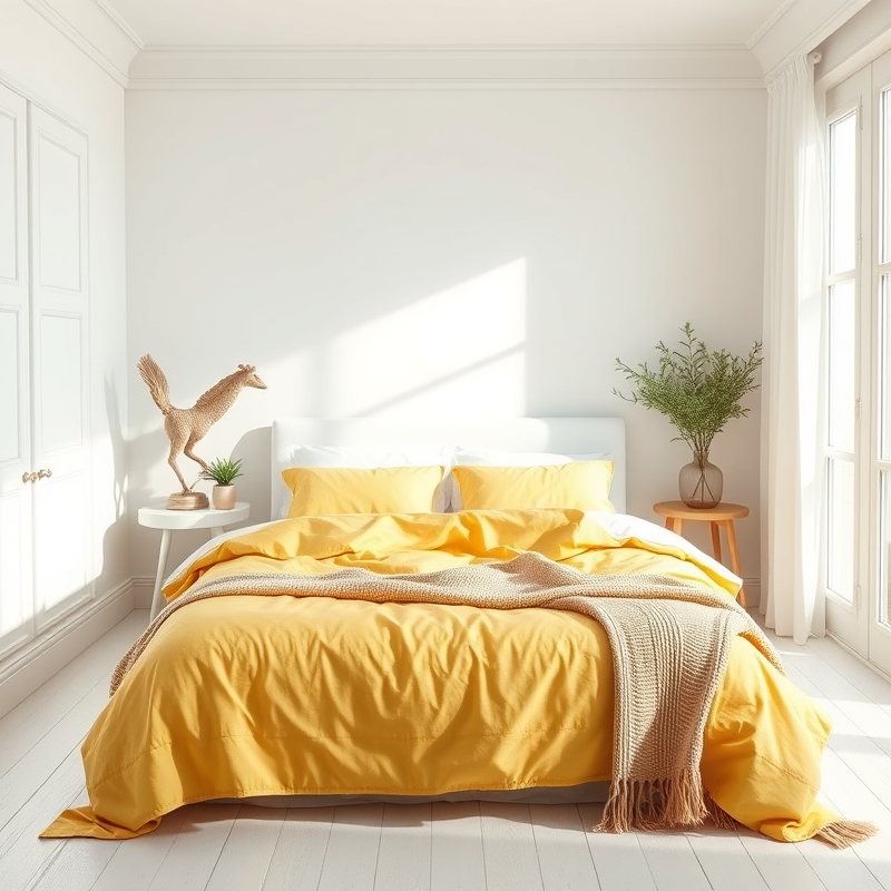 butter yellow duvet cover on bed