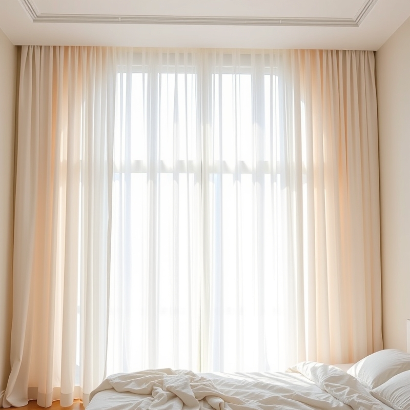 Bedroom window with layered white sheer curtains