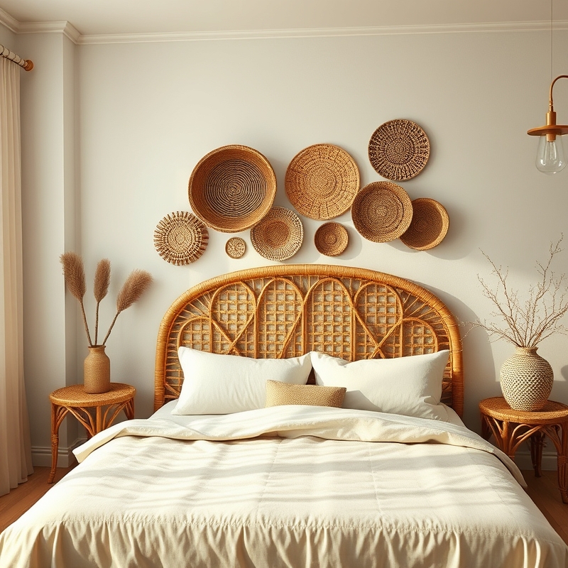 bedroom with rattan headboard and woven baskets on wall