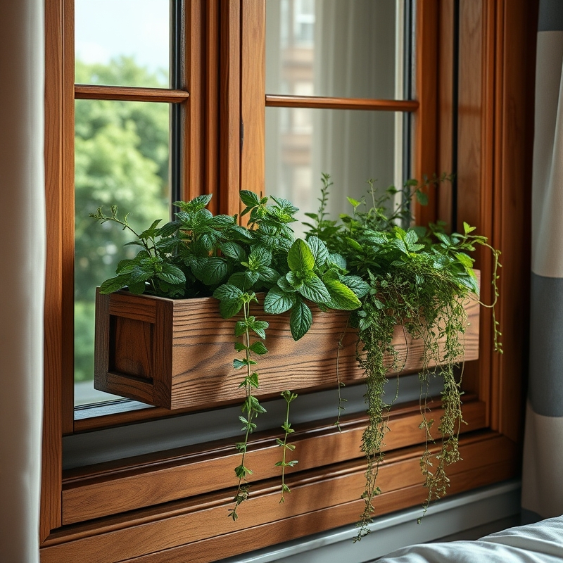 A wooden window box filled with trailing herbs outside a bedroom window