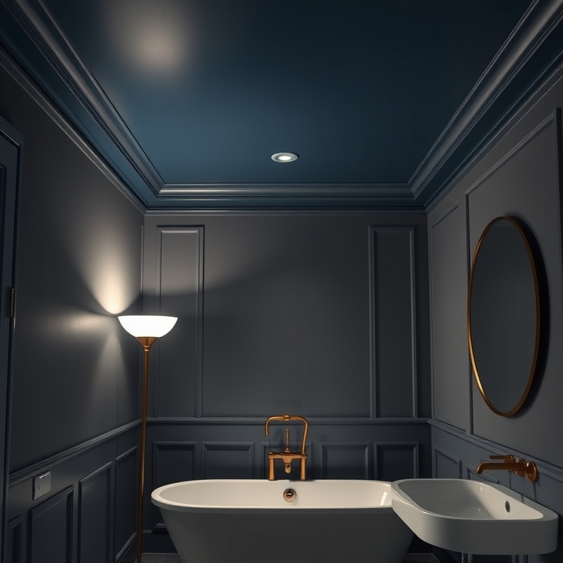 bathroom with dark inky blue painted ceiling