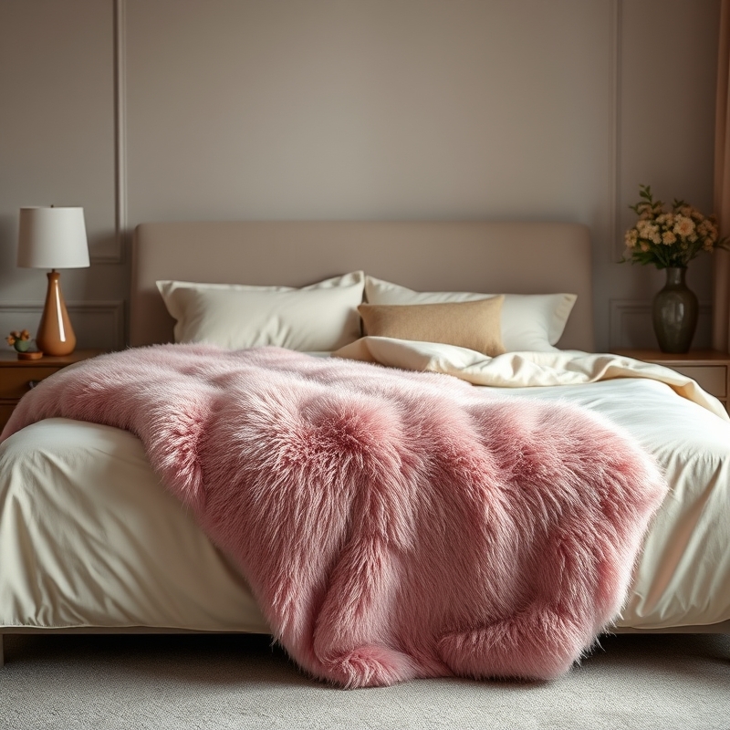 Pink faux fur throw draped on a bed